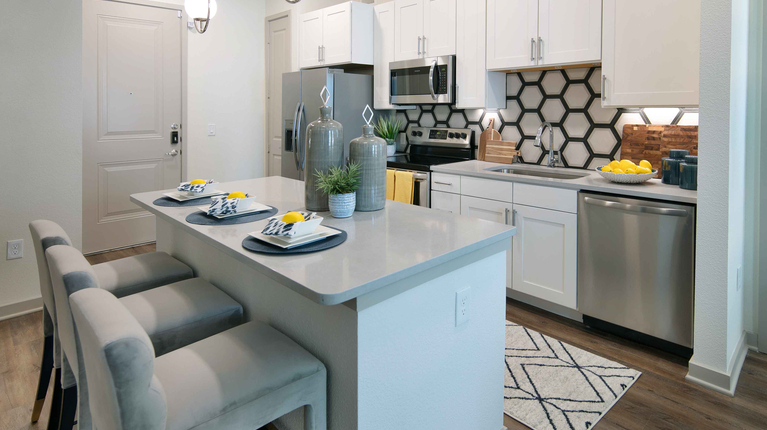 Modern kitchen with quartz countertops and custom cabinetry