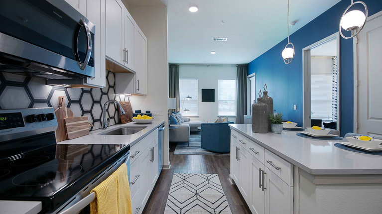Modern kitchen with quartz countertops and custom cabinetry