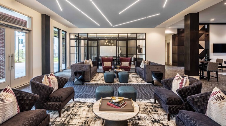 Resident lounge with gathering spaces