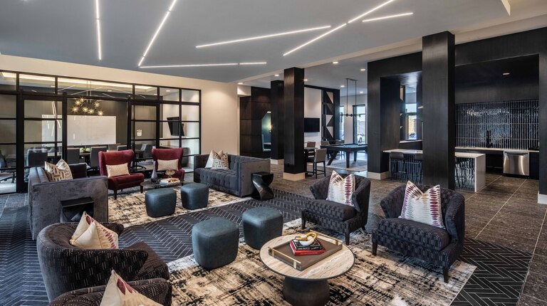 Club lounge with gathering spaces