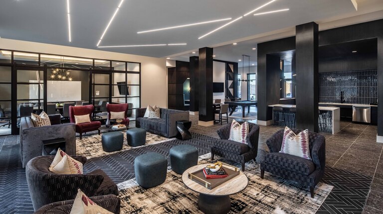 Resident lounge with gathering spaces